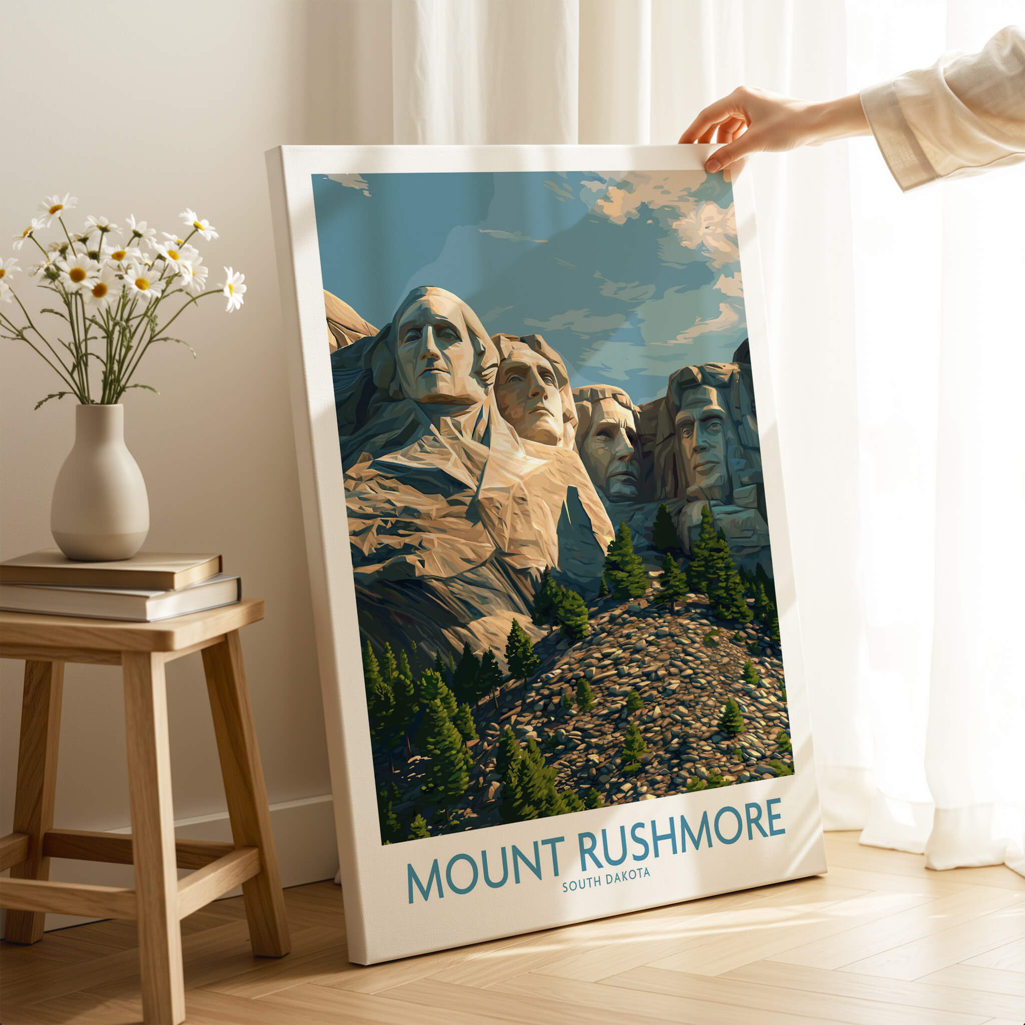 Mount Rushmore Poster | Black Hills National Memorial Canvas Print displayed with elegant decor and natural lighting.