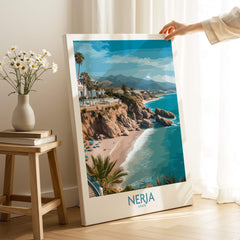Nerja Spain Poster | Mediterranean Beach Landscape Canvas Print displayed in a bright room with coastal scenery.