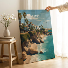 Nerja Spain Wall Art Print | Mediterranean Travel Poster showcasing picturesque coastal landscape with cliffs and palm trees.