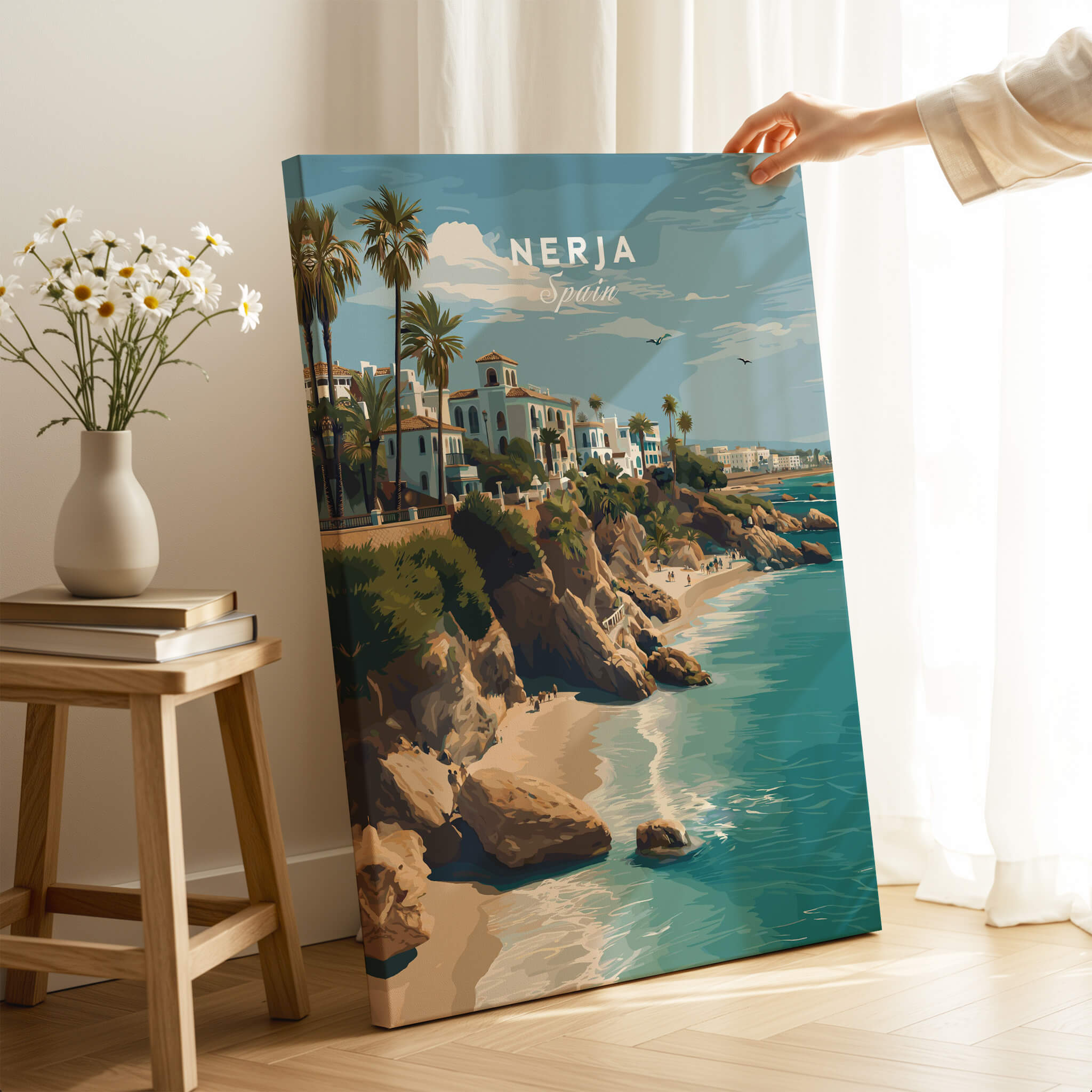 Nerja Spain Wall Art Print | Mediterranean Travel Poster showcasing picturesque coastal landscape with cliffs and palm trees.