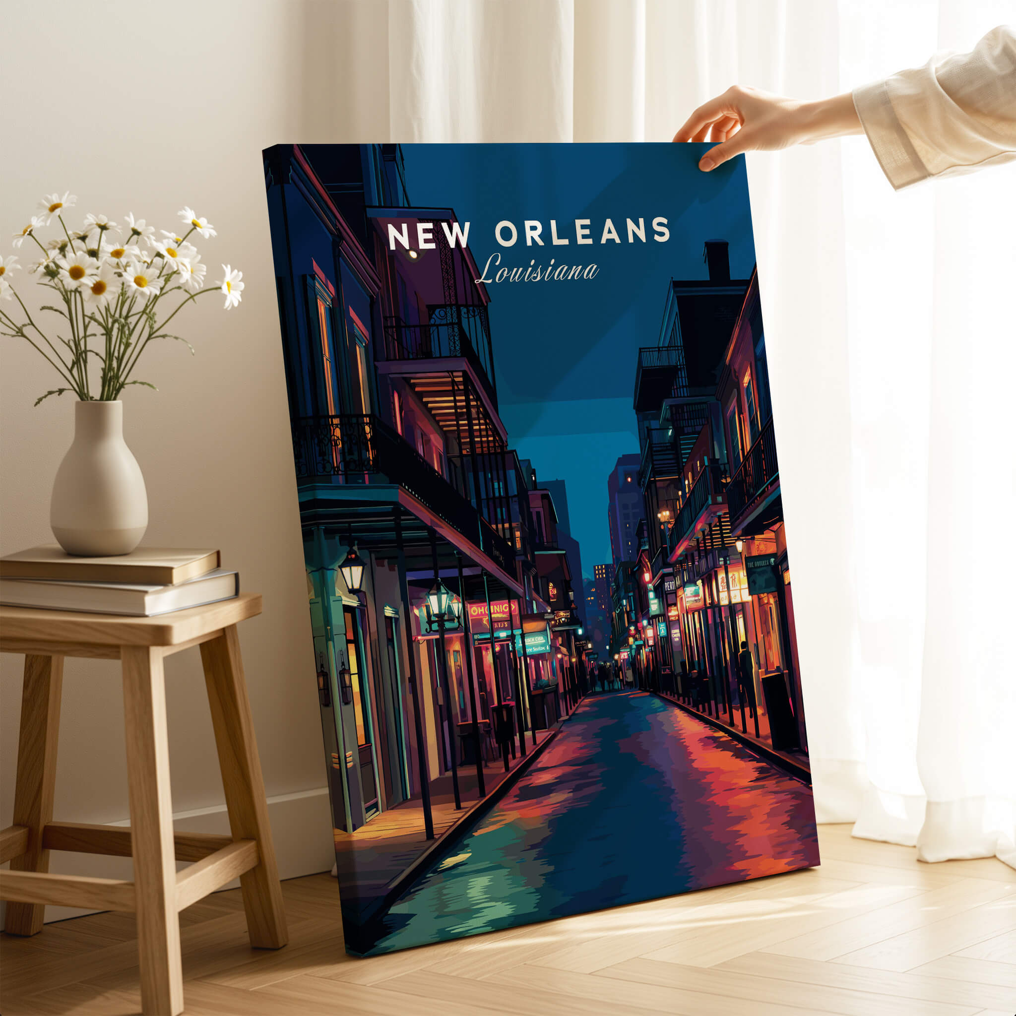 New Orleans Travel Poster | Bourbon Street Night Wall Art Print featuring vibrant nightlife scene.