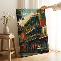 New Orleans Wall Art Print | French Quarter Balcony Travel Poster displayed in a stylish interior setting.