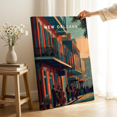 New Orleans Poster | Jazz Band Street Scene Wall Art Print showcasing musicians in a colorful street scene of the city.
