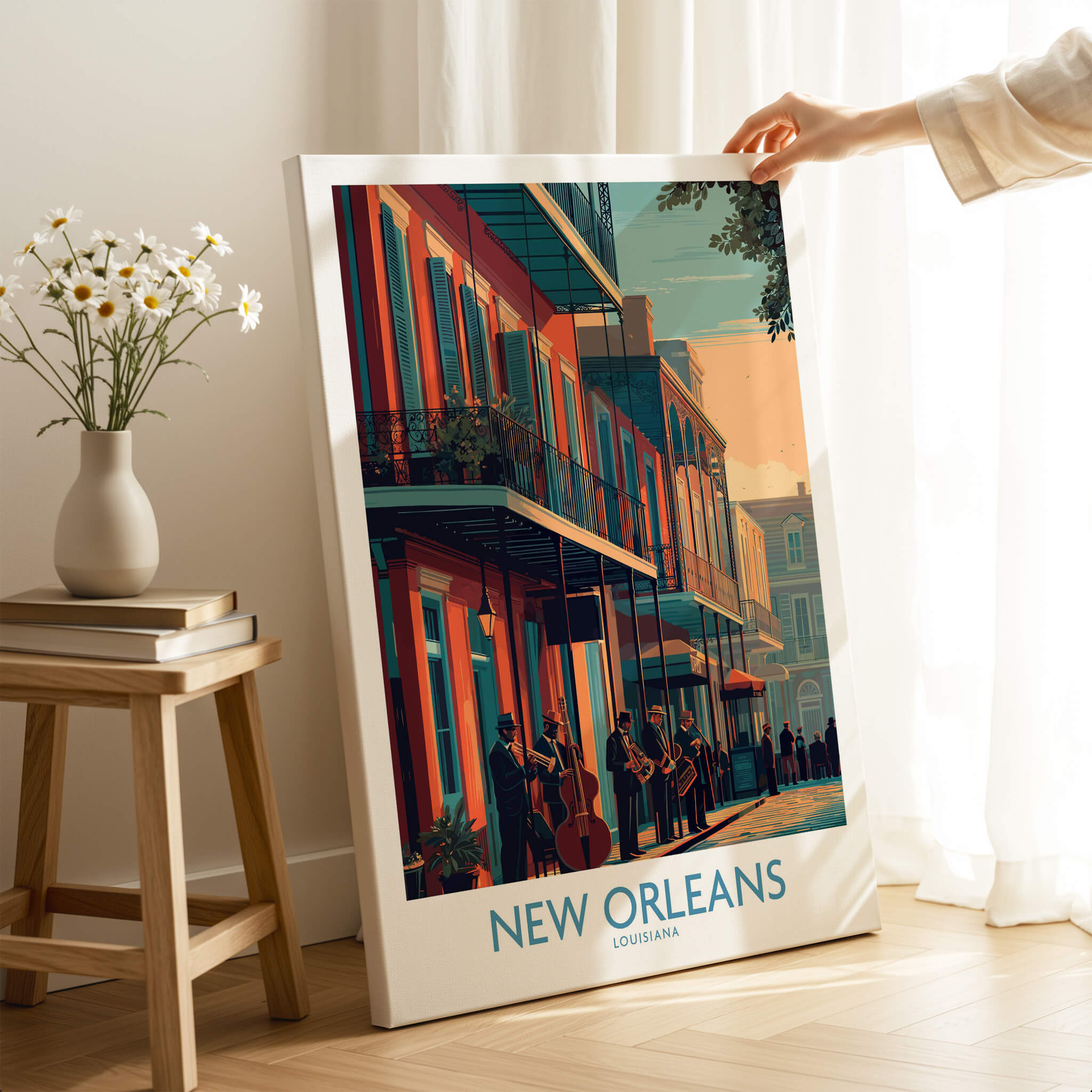 New Orleans Canvas Print | Musical Heritage Cityscape Poster featuring vibrant street musicians and historic venues.