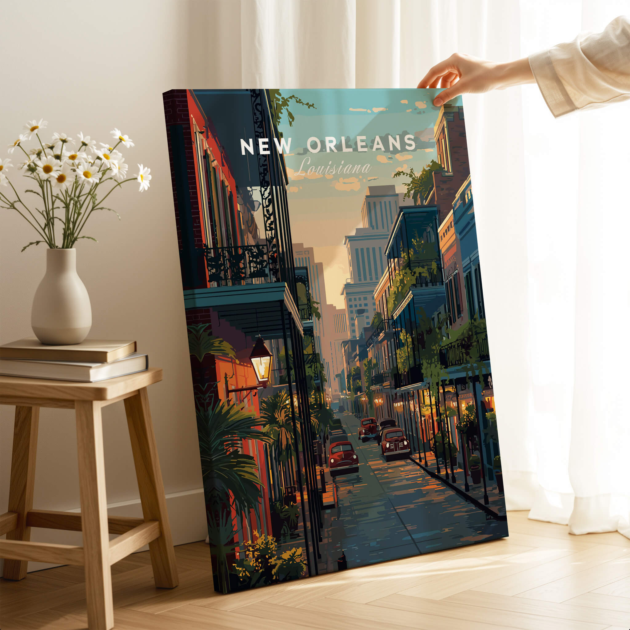 New Orleans Wall Art Print | Historic French Quarter Travel Poster featuring a vibrant street scene.