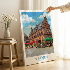 Nijmegen Netherlands travel poster canvas print with cityscape, held in cozy room setting