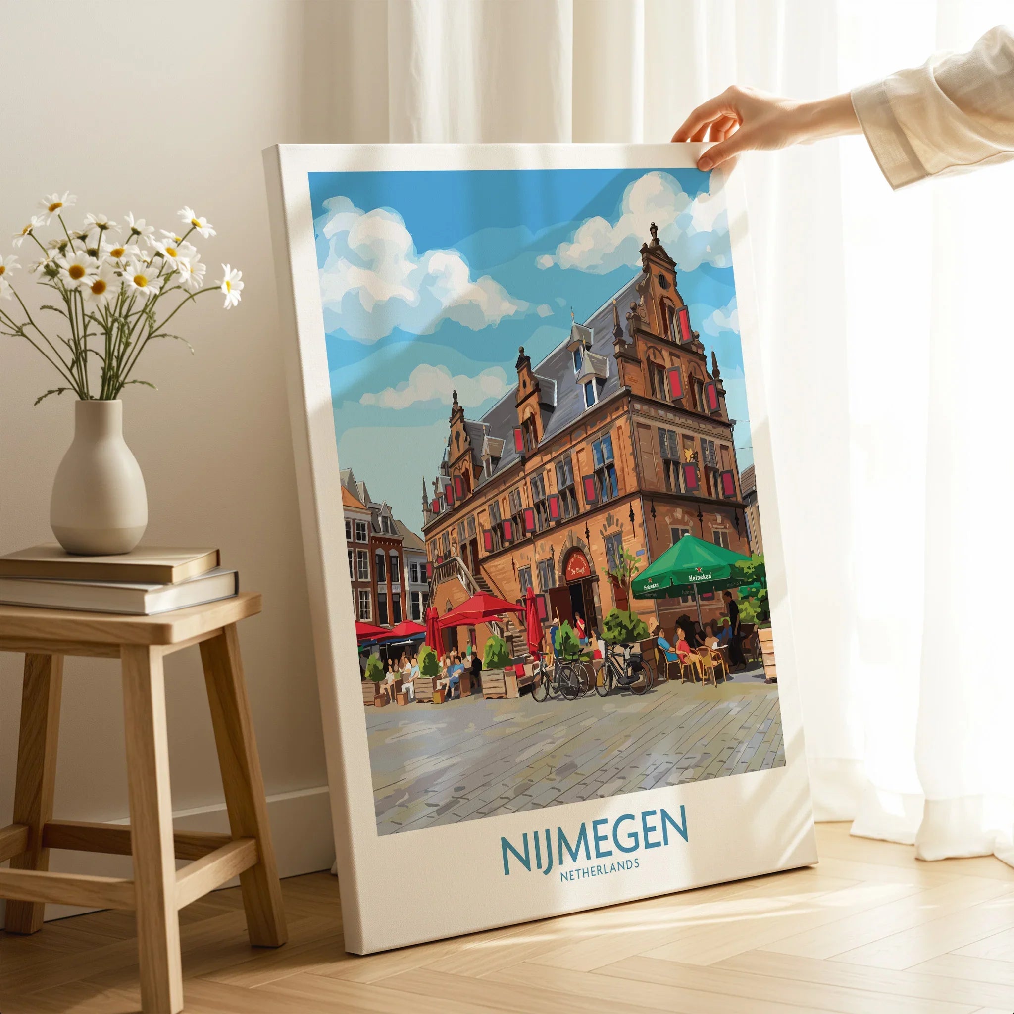 Nijmegen Netherlands travel poster canvas print with cityscape, held in cozy room setting