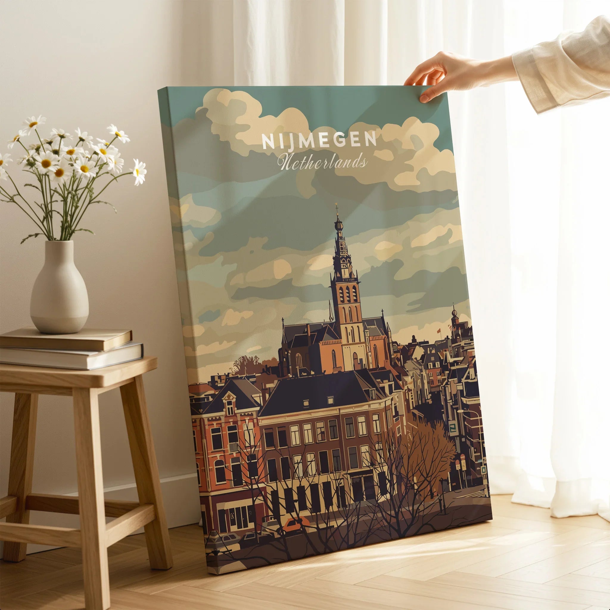 Nijmegen Netherlands travel poster canvas print with city skyline in modern home decor setting