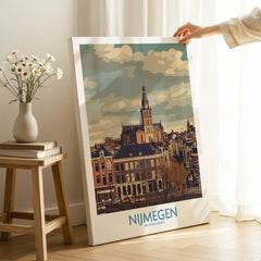 Nijmegen Netherlands travel poster canvas print in cozy room with flowers and sunlight