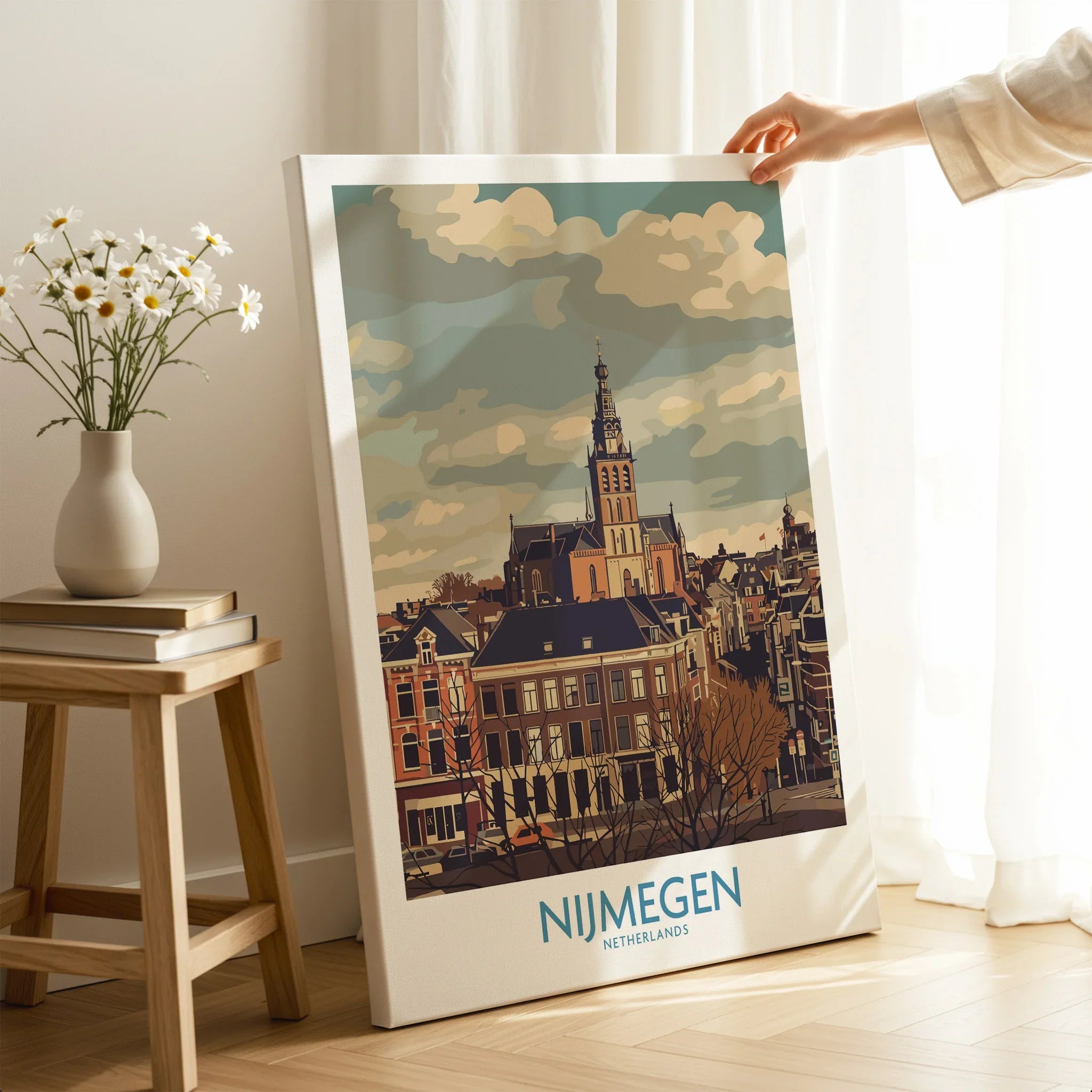 Nijmegen Netherlands travel poster canvas print in cozy room with flowers and sunlight