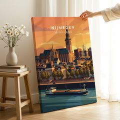 Hand holding Nijmegen Netherlands travel poster canvas print with city skyline and river in a modern living room setting
