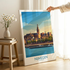 Nijmegen Netherlands travel poster canvas print with cityscape, in modern home decor setting