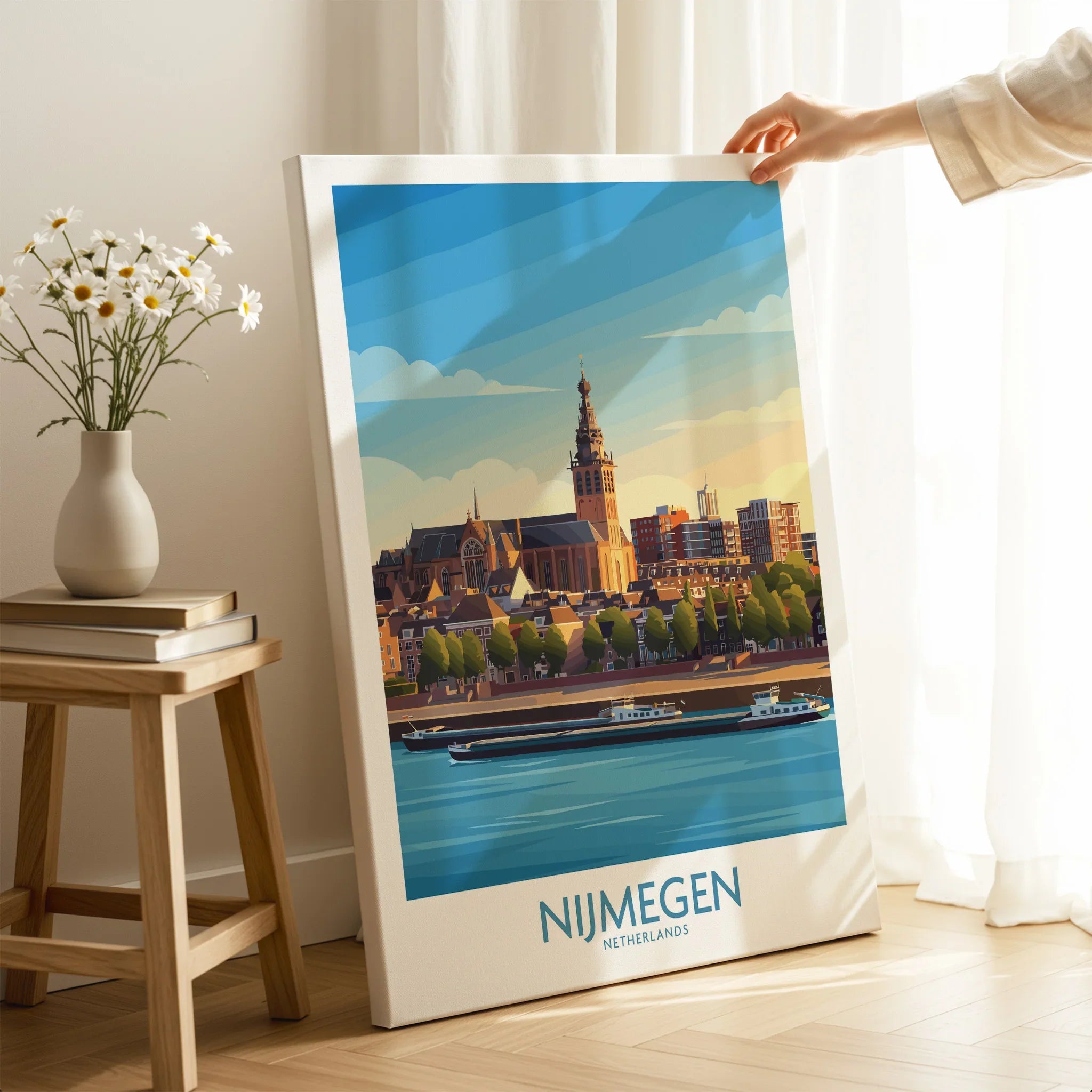 Nijmegen Netherlands travel poster canvas print with cityscape, in modern home decor setting