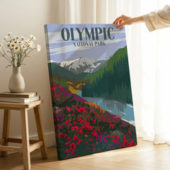 Olympic National Park canvas wall art with mountains, wildflowers, and lake, in a bright room