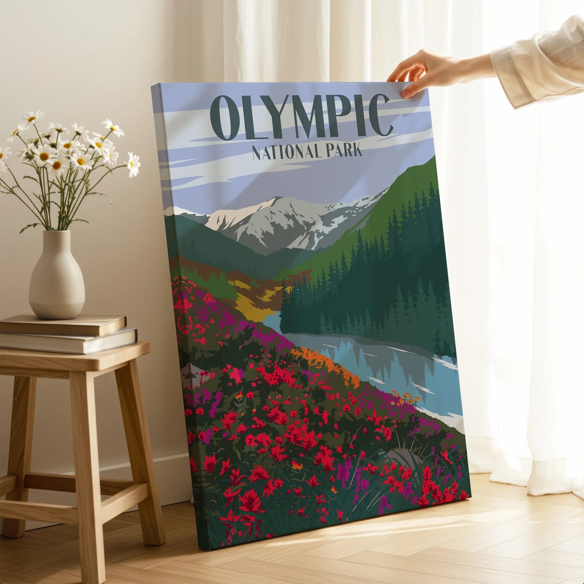 Olympic National Park canvas wall art with mountains, wildflowers, and lake, in a bright room