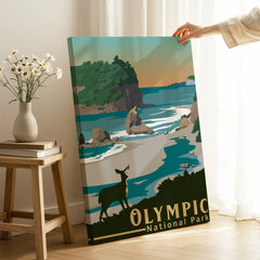 Olympic National Park canvas print with deer and coastal landscape held in modern room