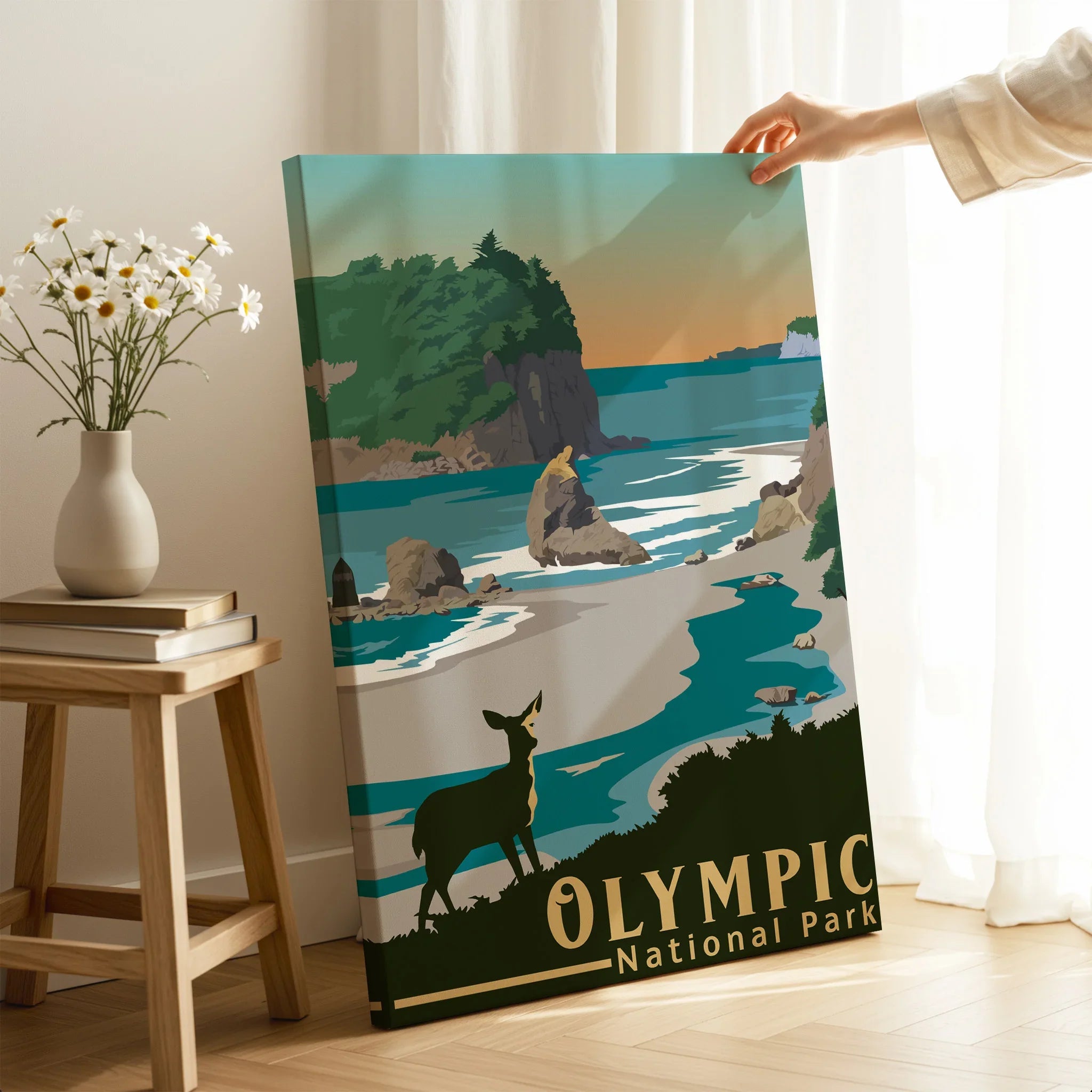 Olympic National Park canvas print with deer and coastal landscape held in modern room