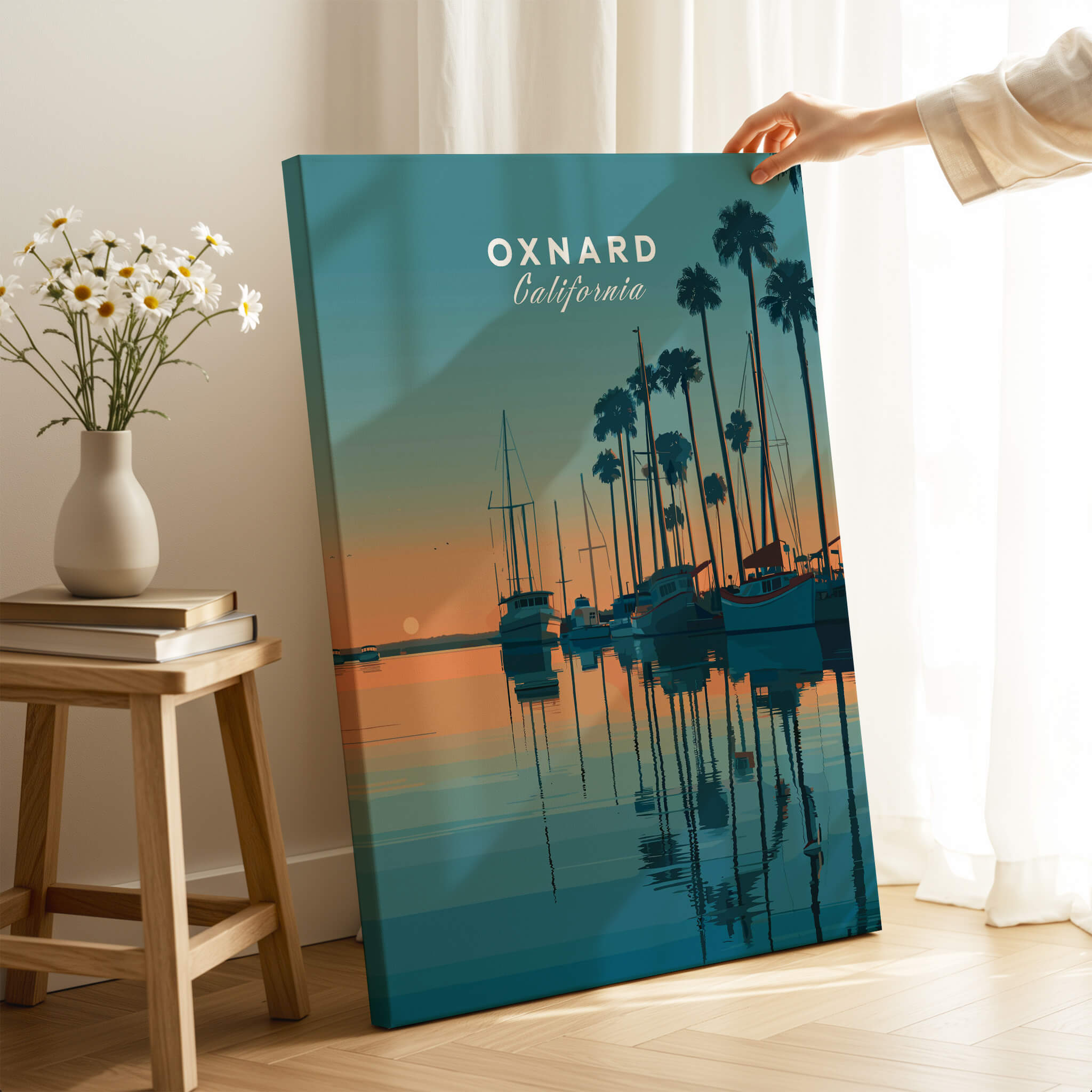Oxnard California Wall Art Print | Sunset Harbor & Sailboats Travel Poster showcasing serene evening harbor scene.
