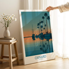 Oxnard California Poster | Scenic Pacific Marina Canvas Print featuring sailboats in serene waters at sunset.
