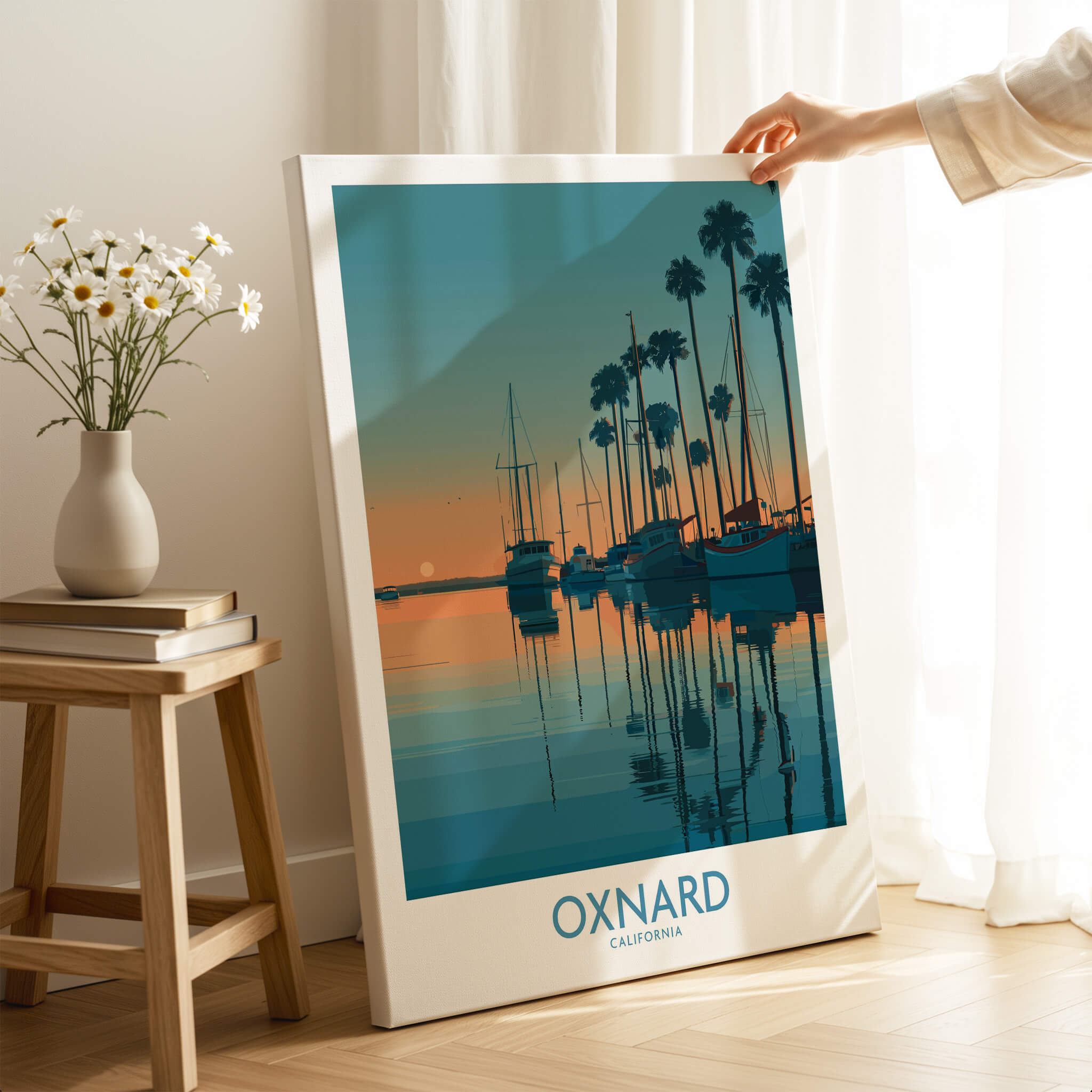 Oxnard California Poster | Scenic Pacific Marina Canvas Print featuring sailboats in serene waters at sunset.
