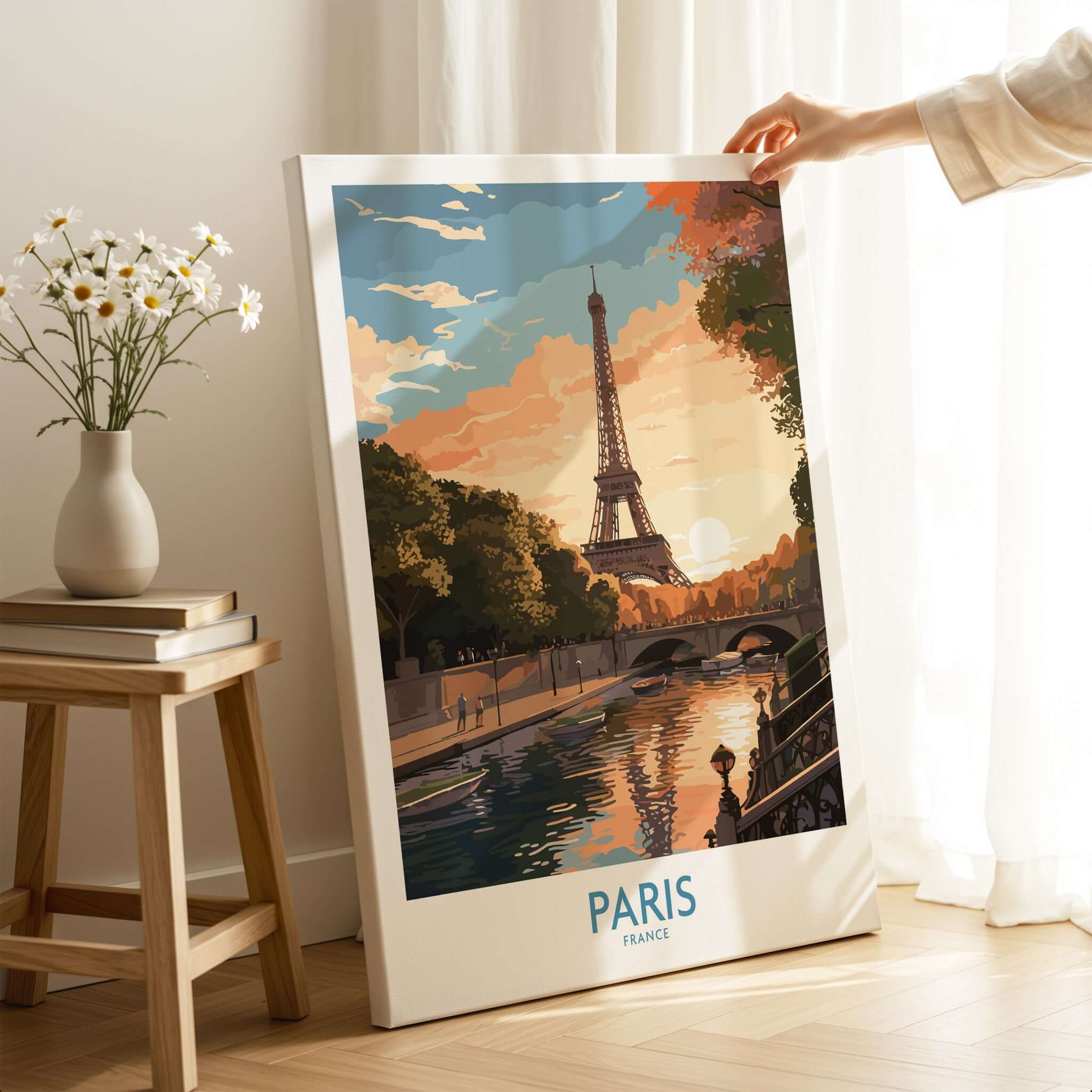 Paris Art Print featuring a vibrant sunset and the Eiffel Tower, perfect for home decor.