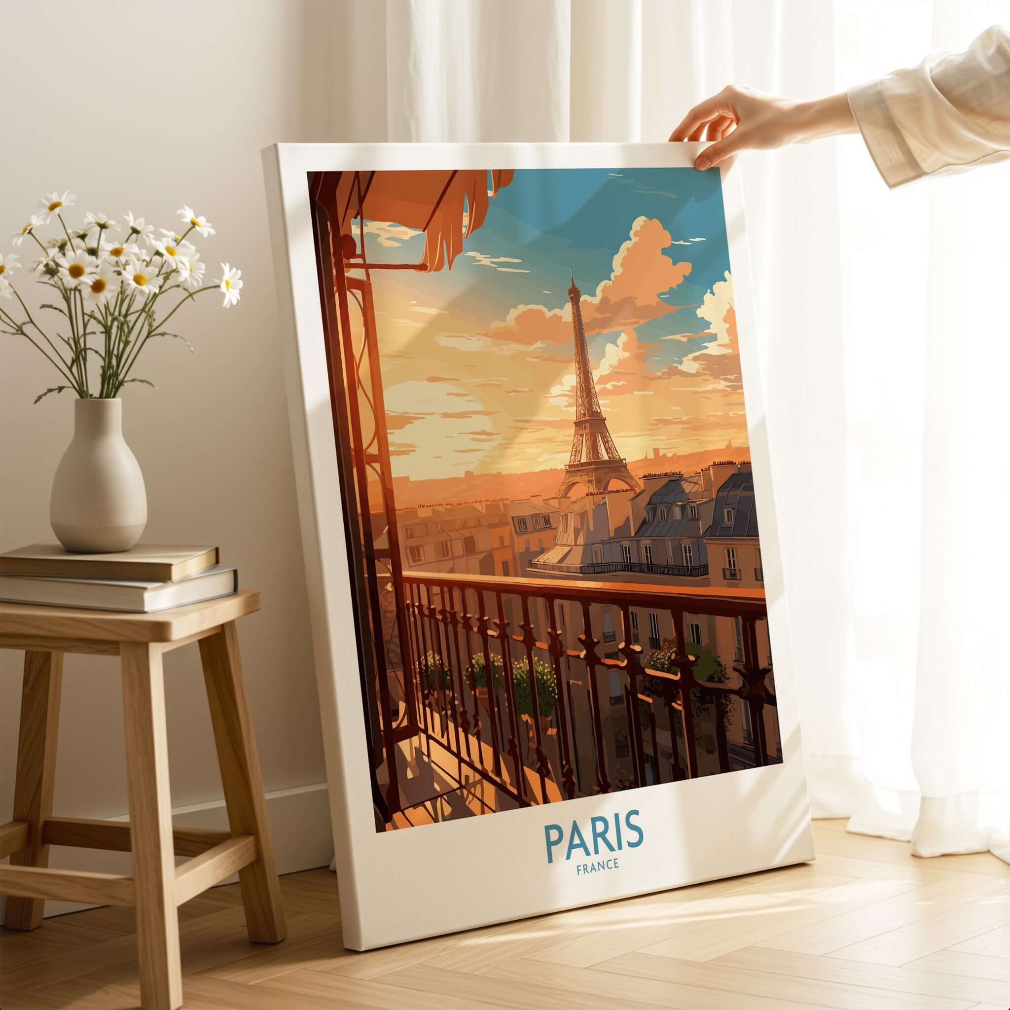 Paris Wall Art | Modern Style featuring an illustration of the Eiffel Tower at sunset on a stylish poster.