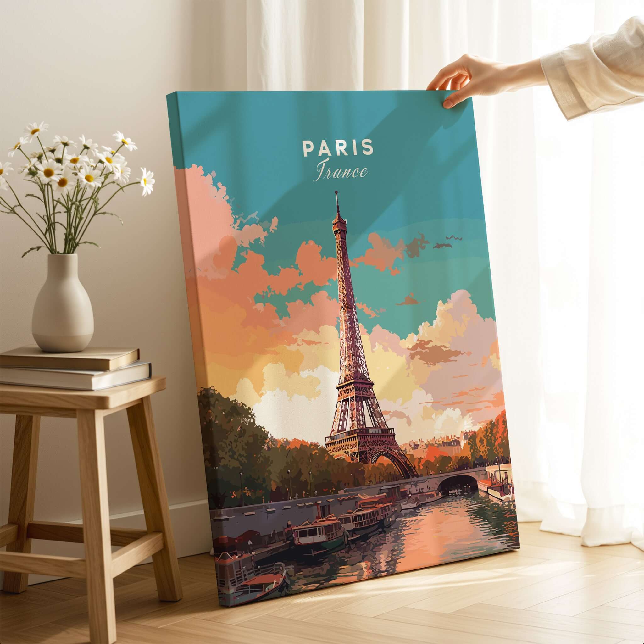 Paris Poster - Eiffel Tower showcasing the iconic Eiffel Tower in a vibrant sunset scene.