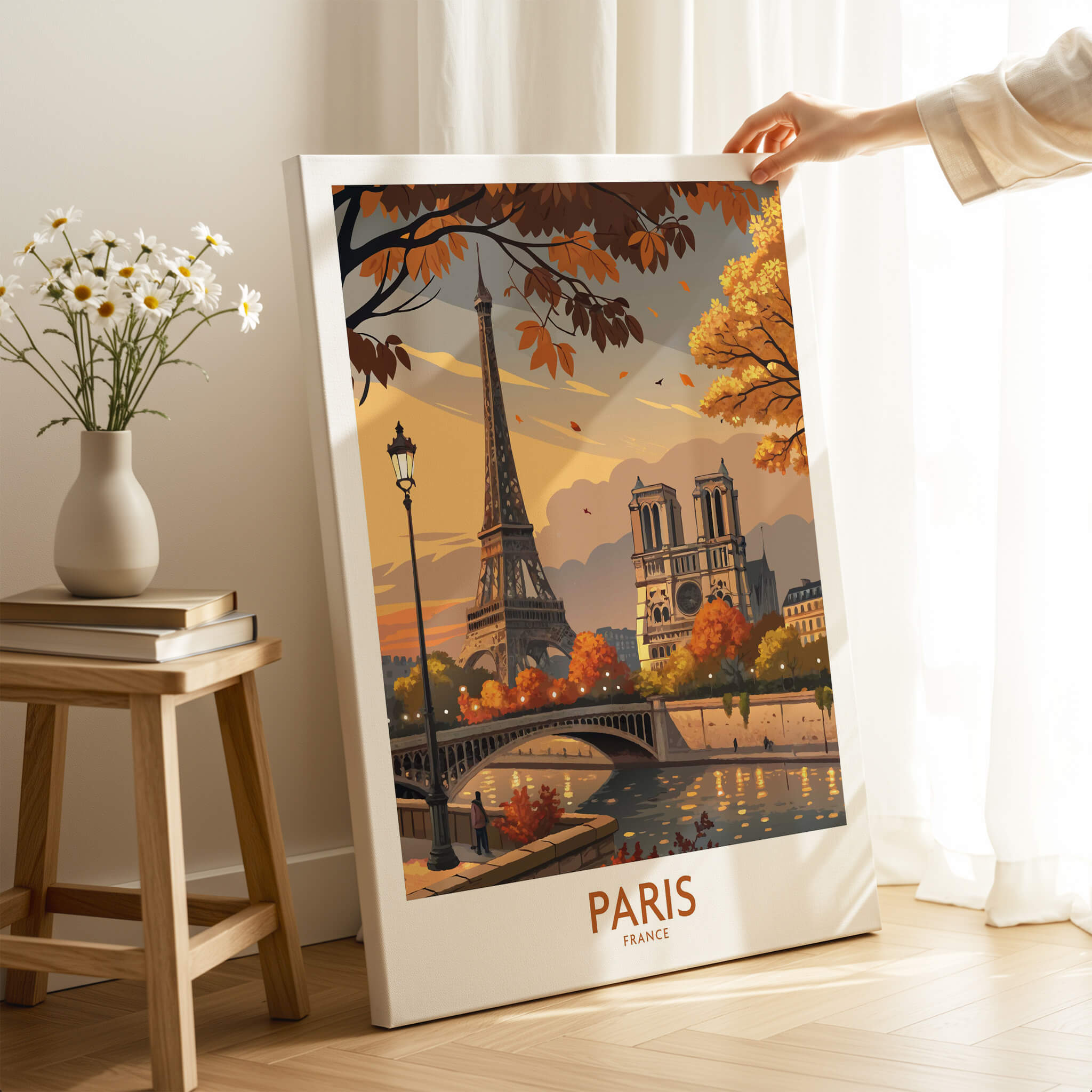 Paris France Autumn Seine River Art Print | Eiffel Tower and Notre Dame Poster displayed on an easel with autumn scenery.
