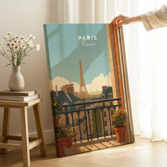 Paris travel poster canvas print with Eiffel Tower, displayed in sunlit modern room
