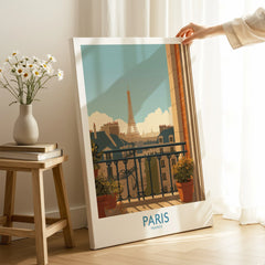 Paris travel poster canvas print with Eiffel Tower illustration, hand holding artwork in modern room