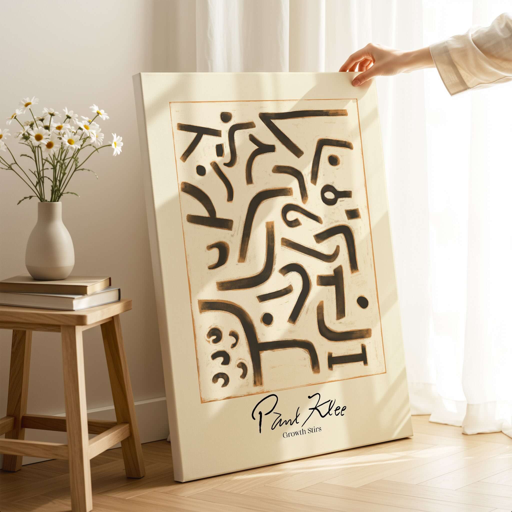 Paul Klee Growth Stirs Abstract Art Print Modern Poster Wall Decor displayed in a bright room with flowers.