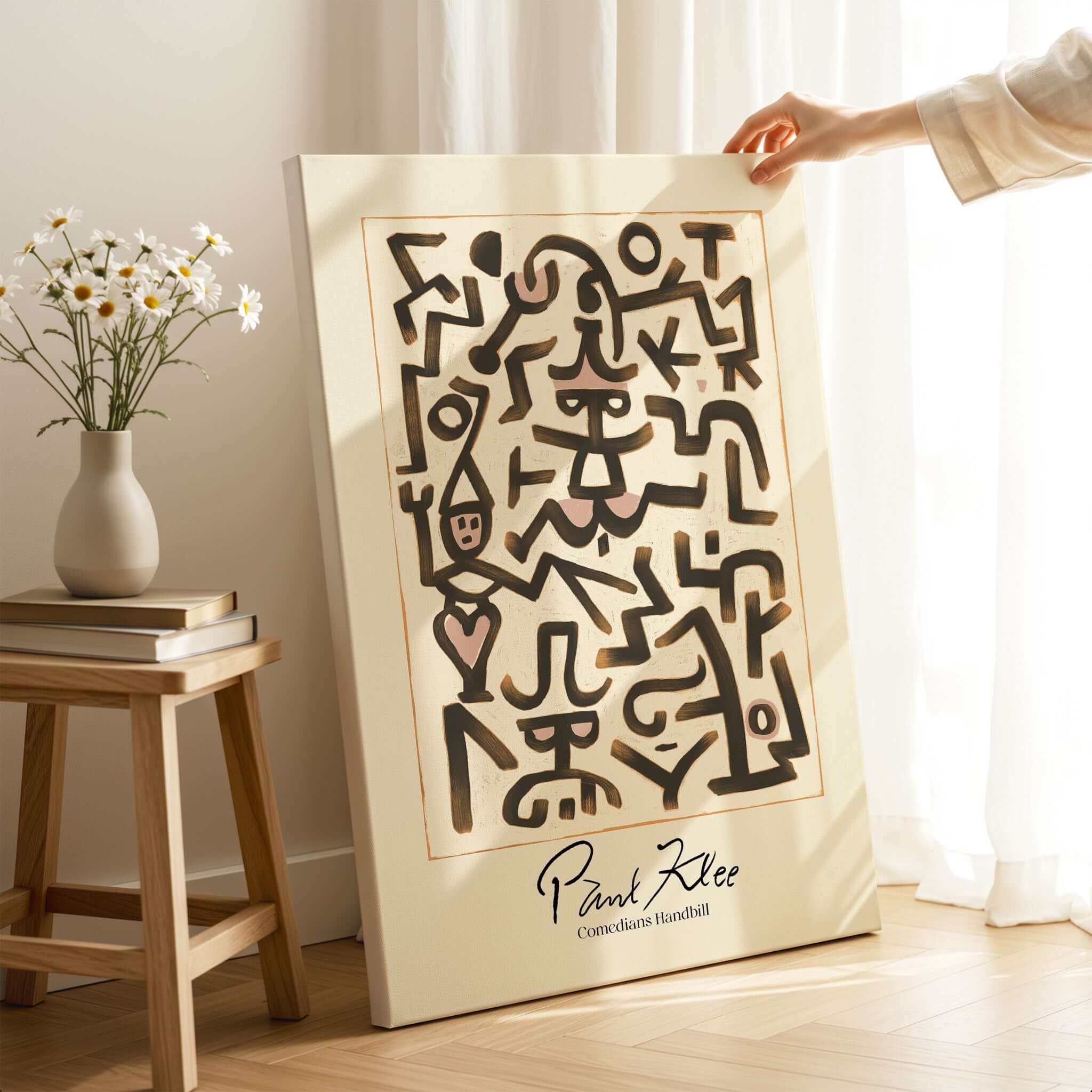 Paul Klee Comedians Handbill Abstract Figures Poster Modern Art Print displayed in a stylish living room setting.