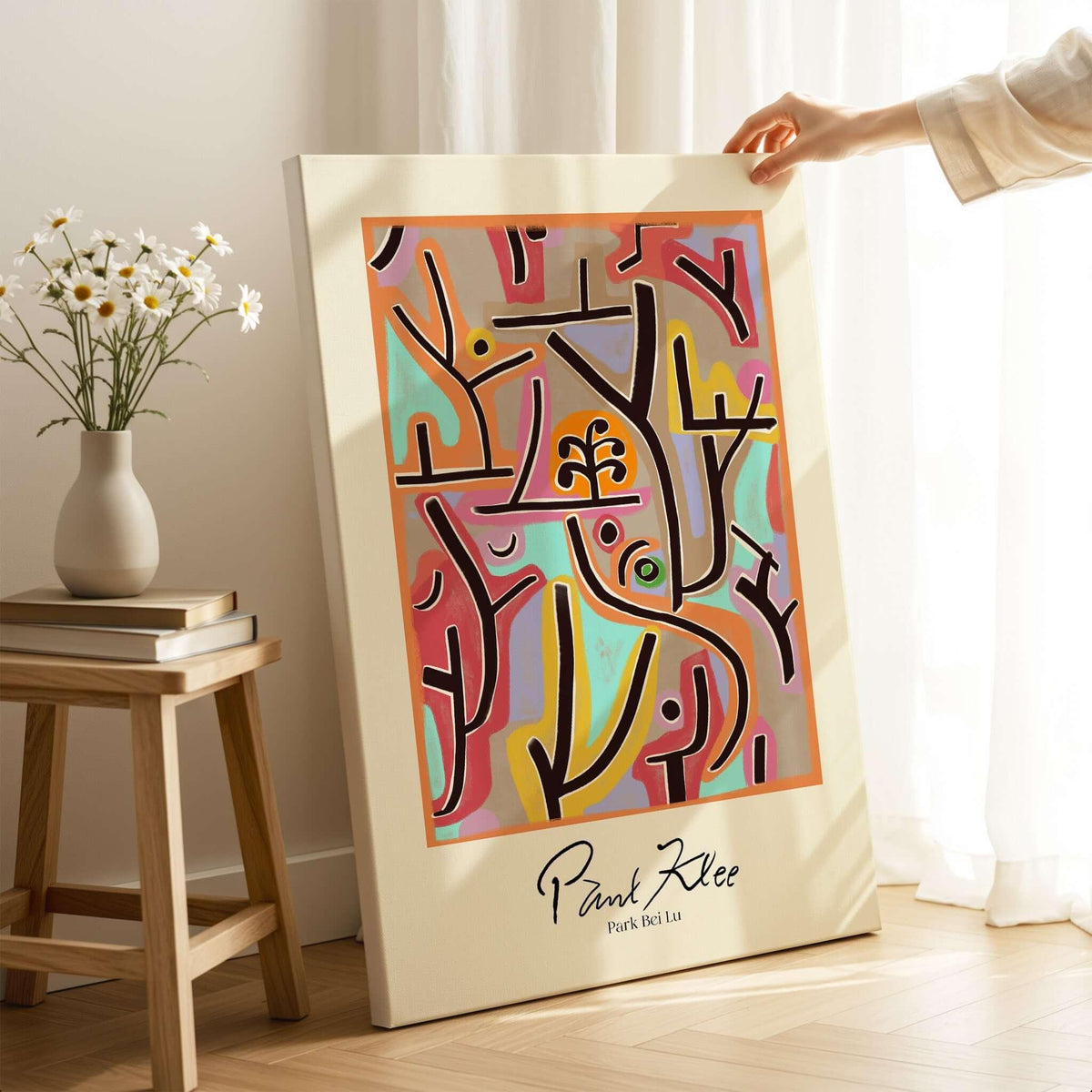 Paul Klee Park Bei Lu Colorful Abstract Landscape Poster Art Print displayed in a modern living room setting.