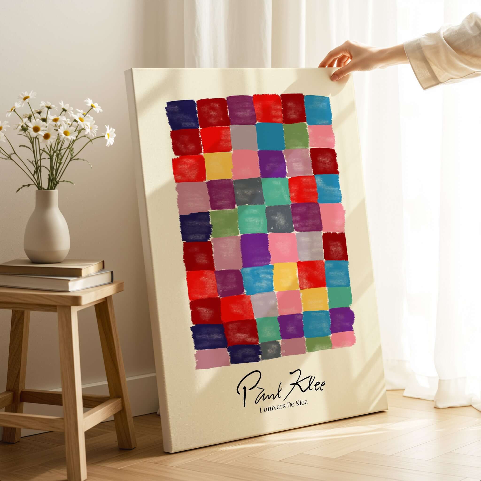 Paul Klee L univers De Klee Colorful Squares Abstract Grid Poster Art Print displayed on a stand with colorful squares.