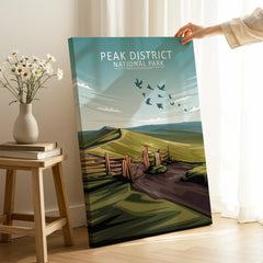 Peak District National Park canvas print with illustrated landscape in cozy room setting