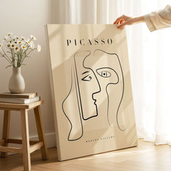 Picasso Two Faces Abstract Profiles Line Art Modern Gallery Poster Wall Art Print displayed in light-filled space.