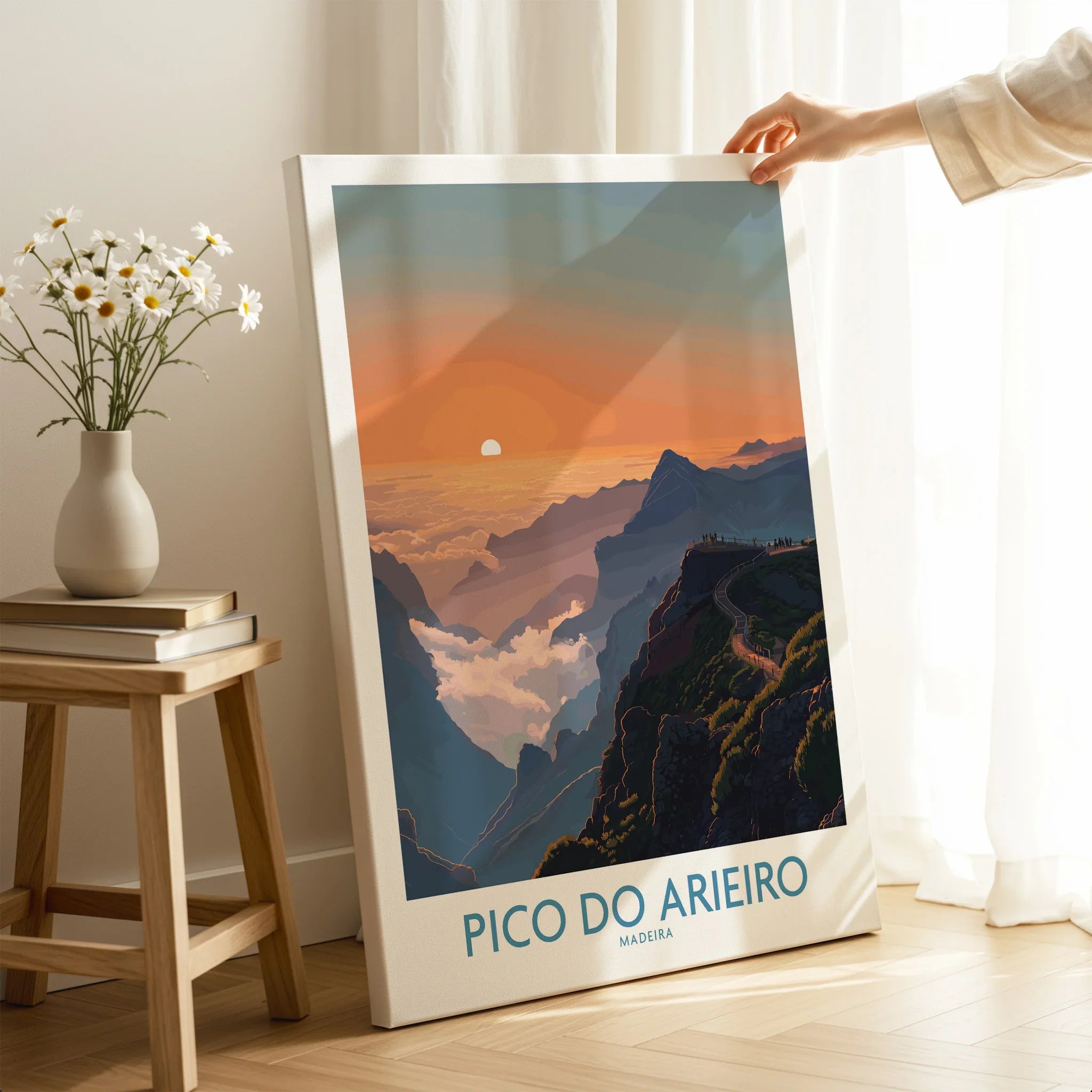 Canvas wall art print of Pico do Arieiro Madeira sunrise held in modern room setting