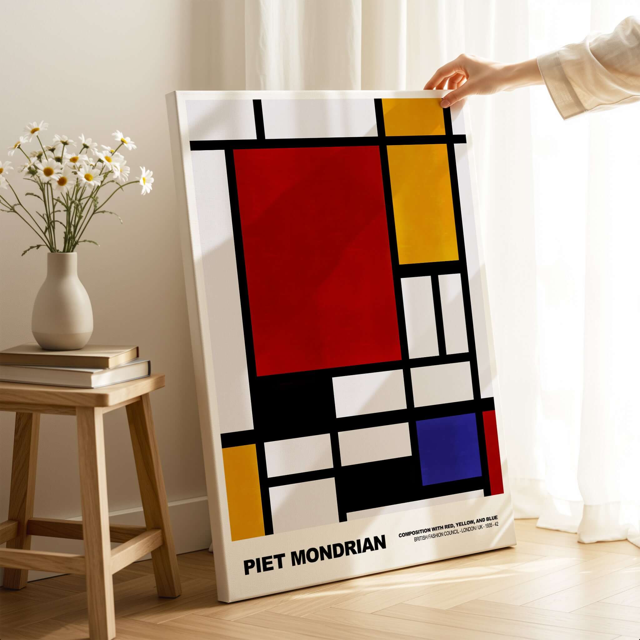 Piet Mondrian Composition Red Yellow Blue 1939 De Stijl Poster Geometric Abstract Print displayed in a modern interior.
