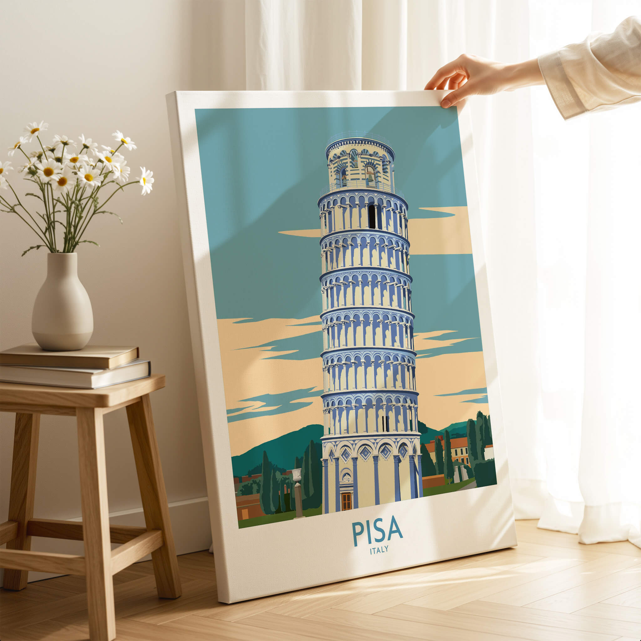 Pisa Wall Art Print | Italy Travel Poster featuring the Leaning Tower of Pisa in a stylish design.