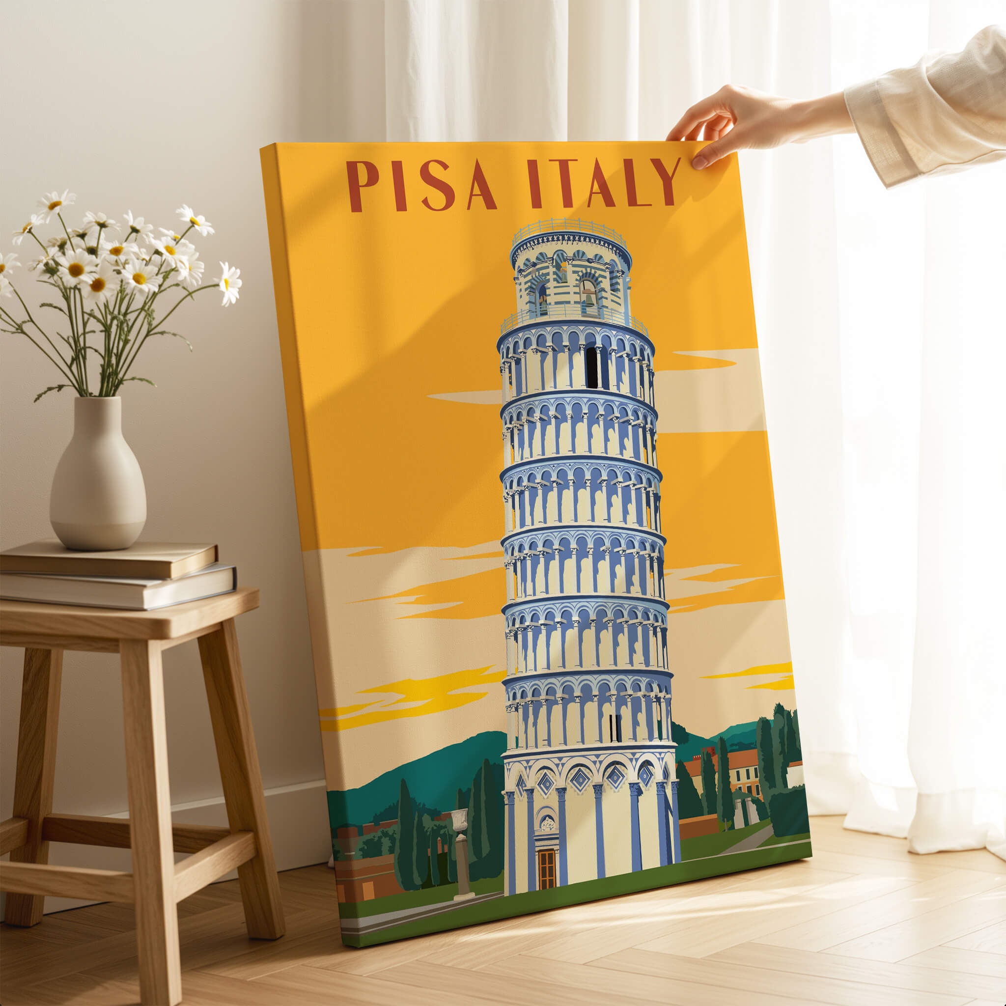 Pisa Tower Print Poster Italy Wall Art showcasing a vintage-style illustration of the Leaning Tower of Pisa.
