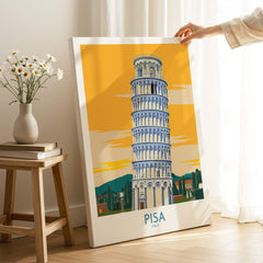 Pisa Tower Italy Print showcasing the iconic leaning tower on a bright background in a cozy interior setting.