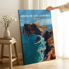 Hand holding Ponta de São Lourenço Madeira travel poster print in modern home decor setting