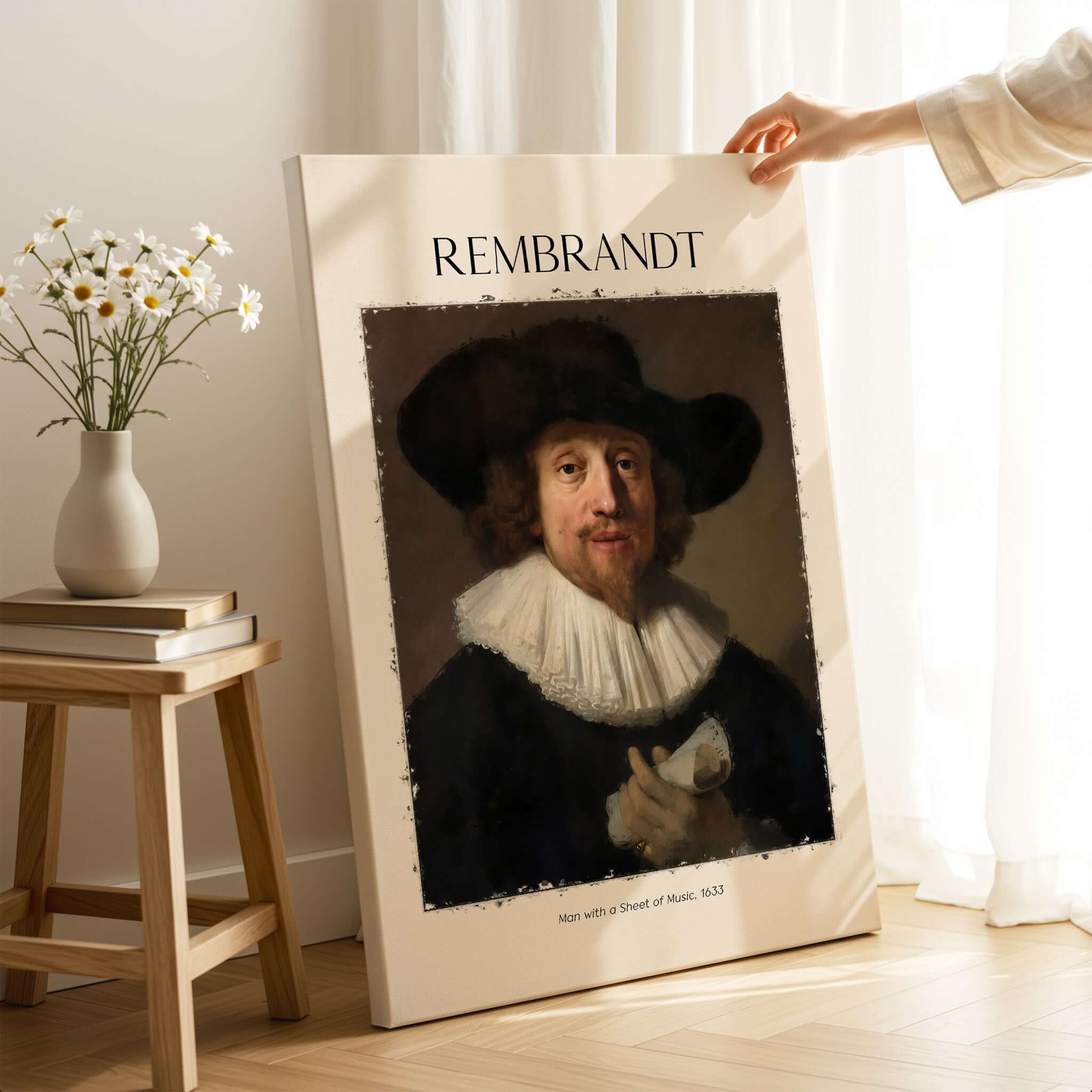 Rembrandt Man with Sheet Music 1633 Portrait Art Print Dutch Master Poster displayed in a cozy setting with flowers.