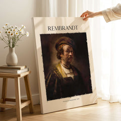 Rembrandt Self Portrait 1650 Dutch Master Painter Art Print Poster Wall Decor displayed on an easel in a bright room.