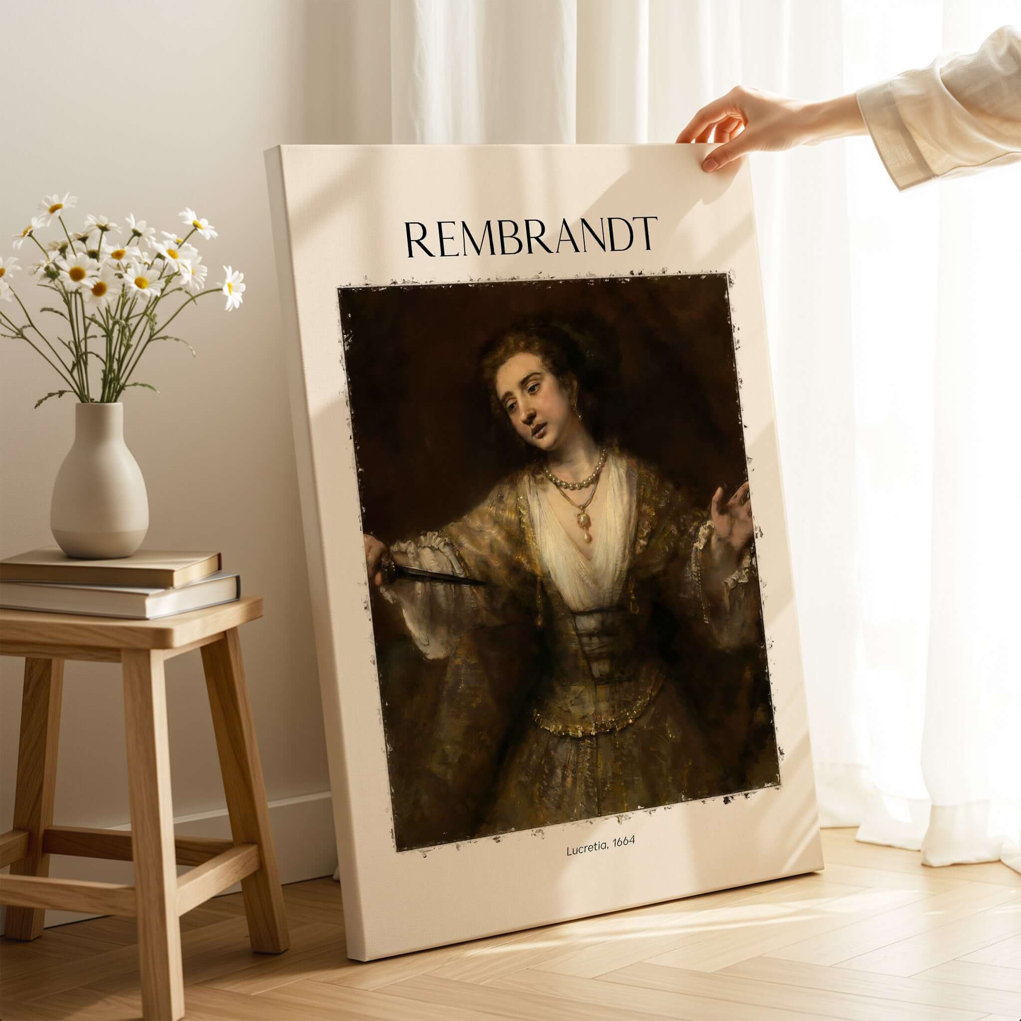 Rembrandt Lucretia 1664 Painting Art Print Baroque Historical Poster Wall Decor displayed in a modern interior.