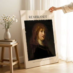 Rembrandt Saskia van Uylenburgh Portrait Print Wife Artist Dutch Poster Wall Art displayed in a cozy living room setting.