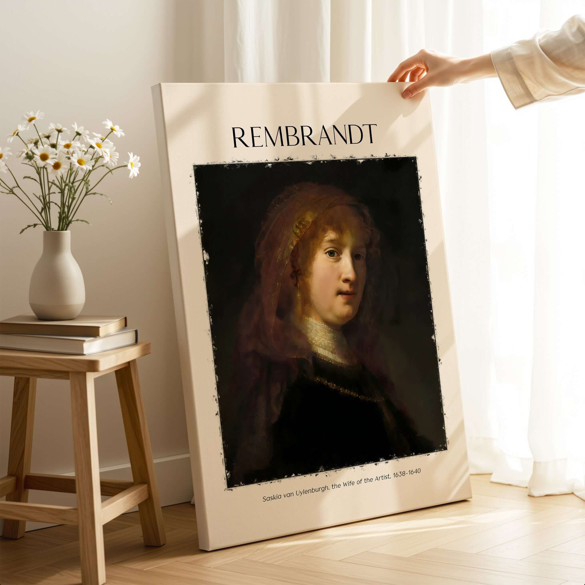 Rembrandt Saskia van Uylenburgh Portrait Print Wife Artist Dutch Poster Wall Art displayed in a cozy living room setting.