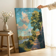 Richmond London travel poster canvas print with scenic riverside artwork in modern home decor setting