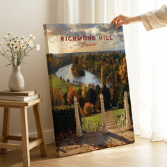 Richmond Hill London canvas print with scenic river and autumn trees, hand holding artwork in cozy room