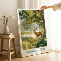 Richmond Park canvas print with deer in nature, hand held in modern home setting